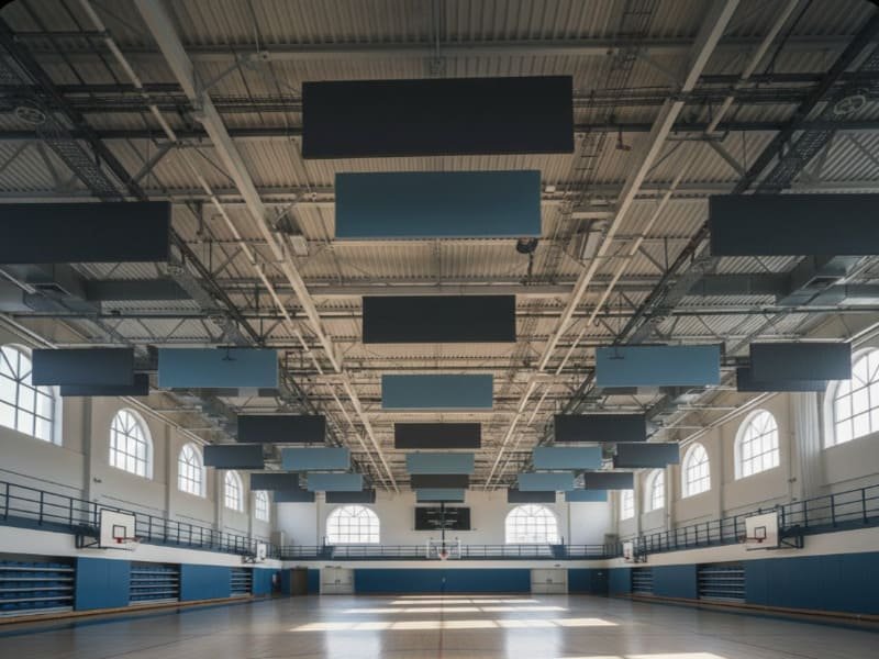 hanging acoustic baffles from sports hall ceiling